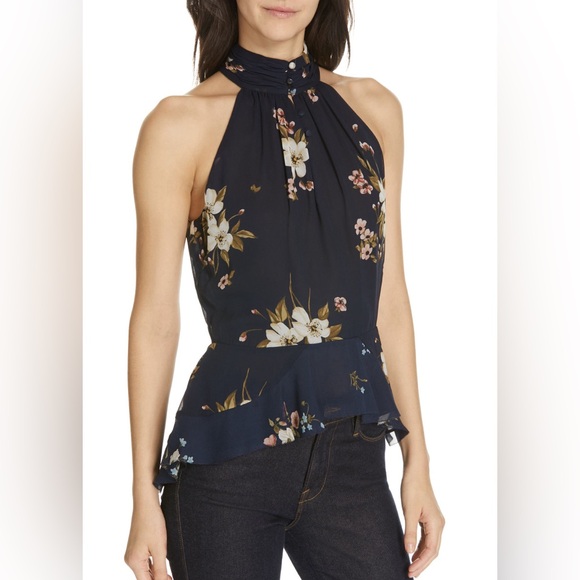 Joie Navy Floral Halter Silk Abbigayl Top in Midnight - Picture 1 of 7